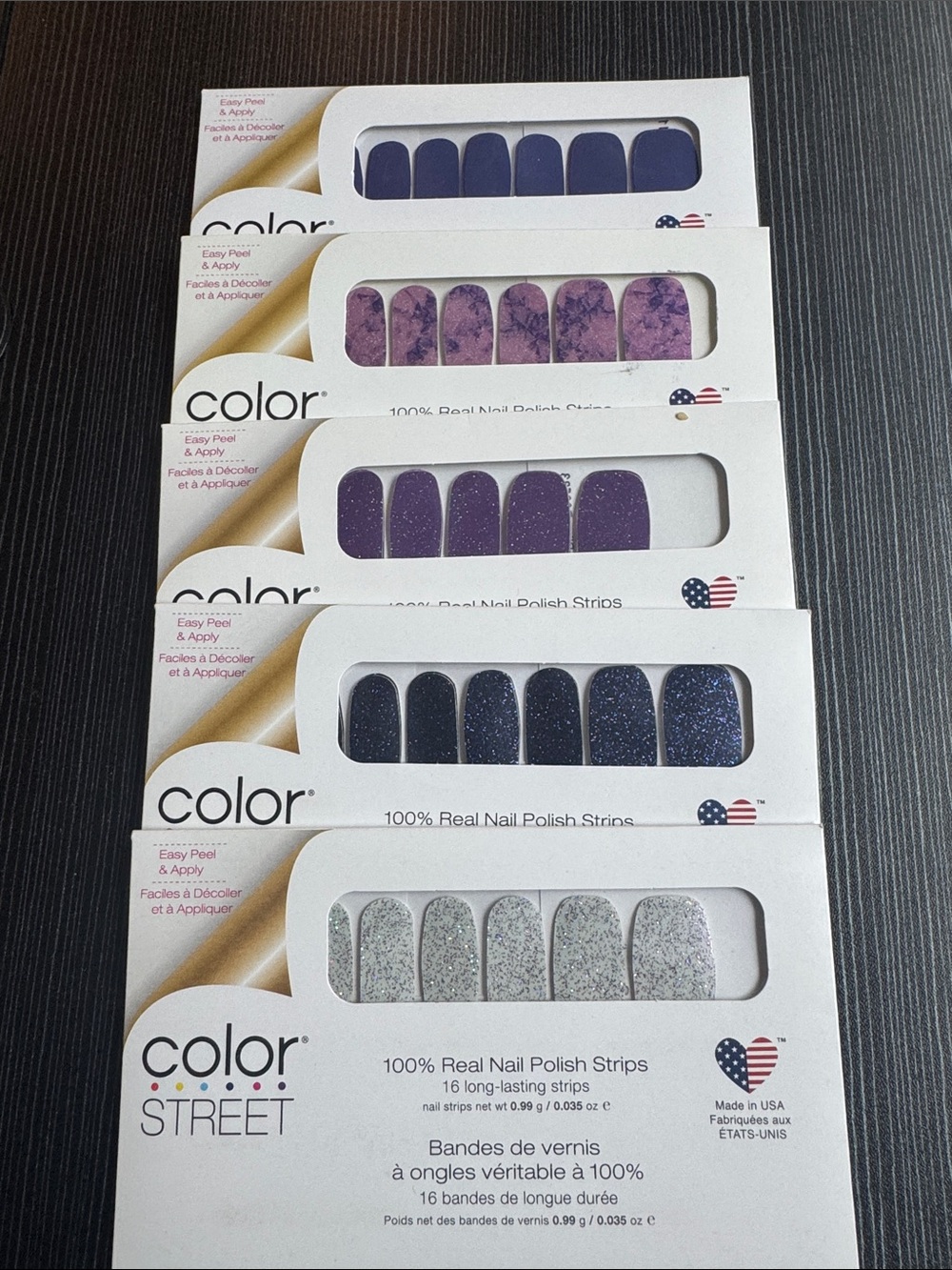 Color Street Press-On Nails Set — Purple, Lavender, Navy, Silver Glitter